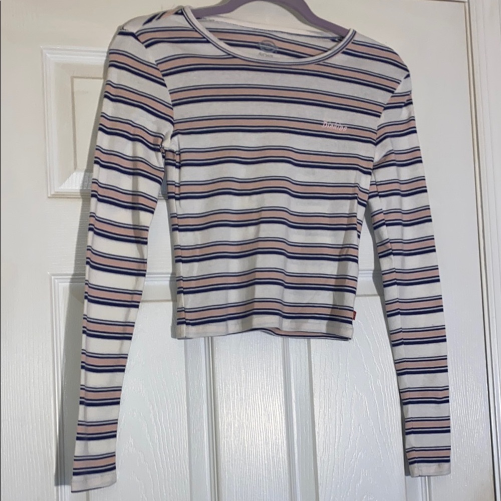Dickies Juniors Long Sleeve Cropped Top Tee-Shirt Blue and Pink Size Small